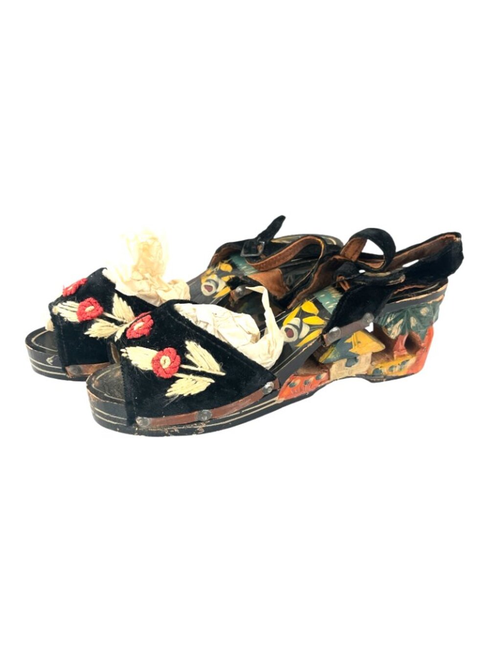 Vintage WW2 Women's Carved Wooden Hand Painted Shoes - Size 5 - Picture 9 of 9